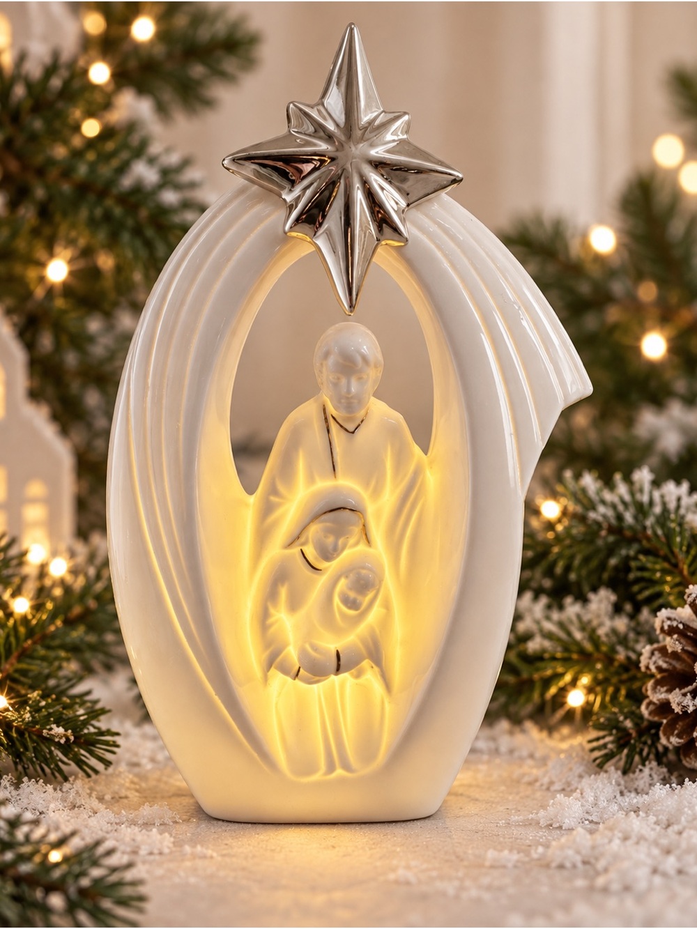Lighted Ceramic Nativity Holy Family Gold Star Christmas Mantel Tabletop Decor